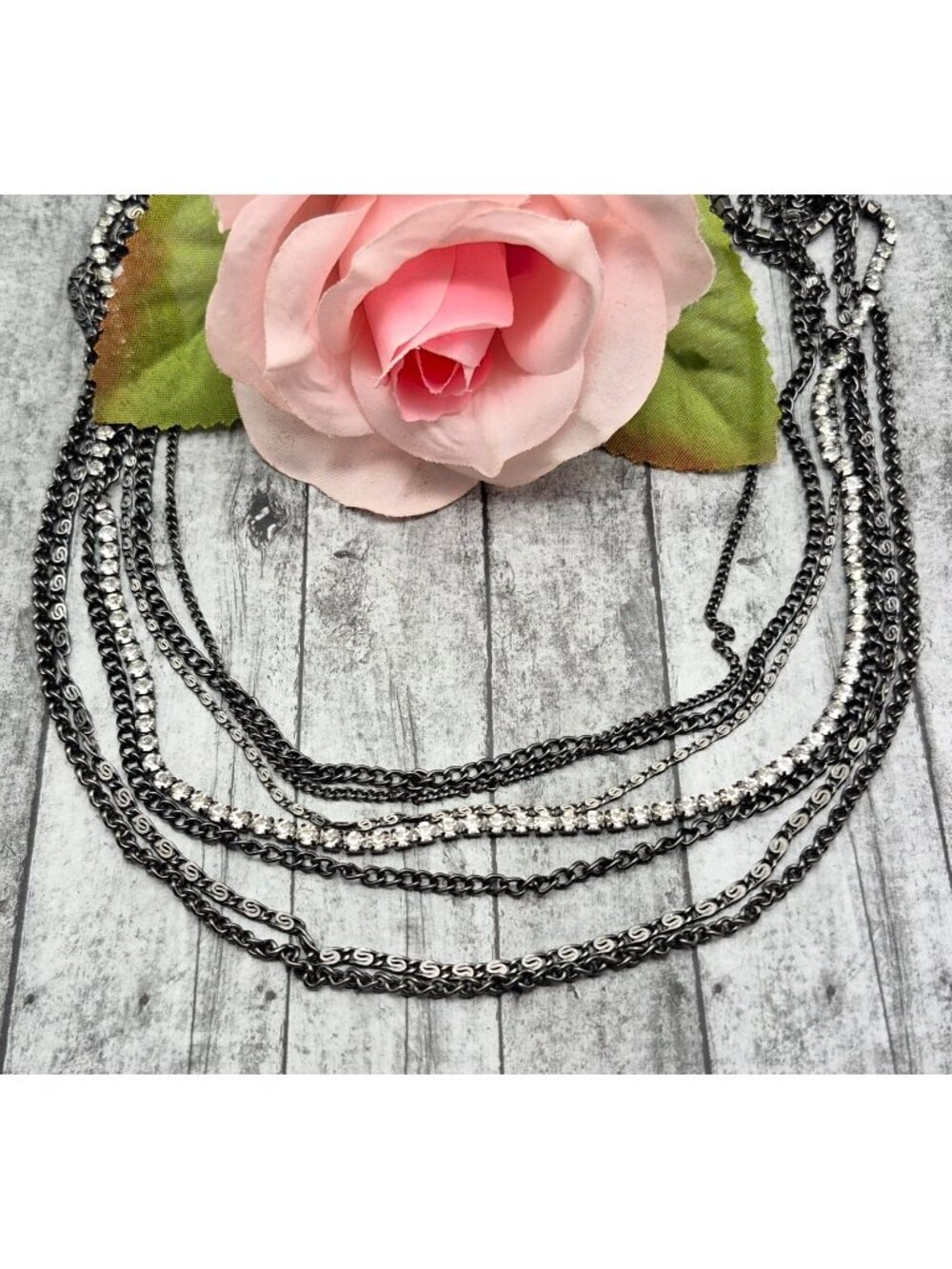 LOFT Outlet Gray Velvet Multistrand Gunmetal Mixed Chains Pull On Whimsigoth 34"